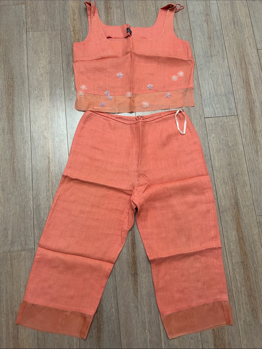 Vintage VTG  Coral Linen 2-Piece Set - Embroidered Crop Top & Culottes 4 P Y2K